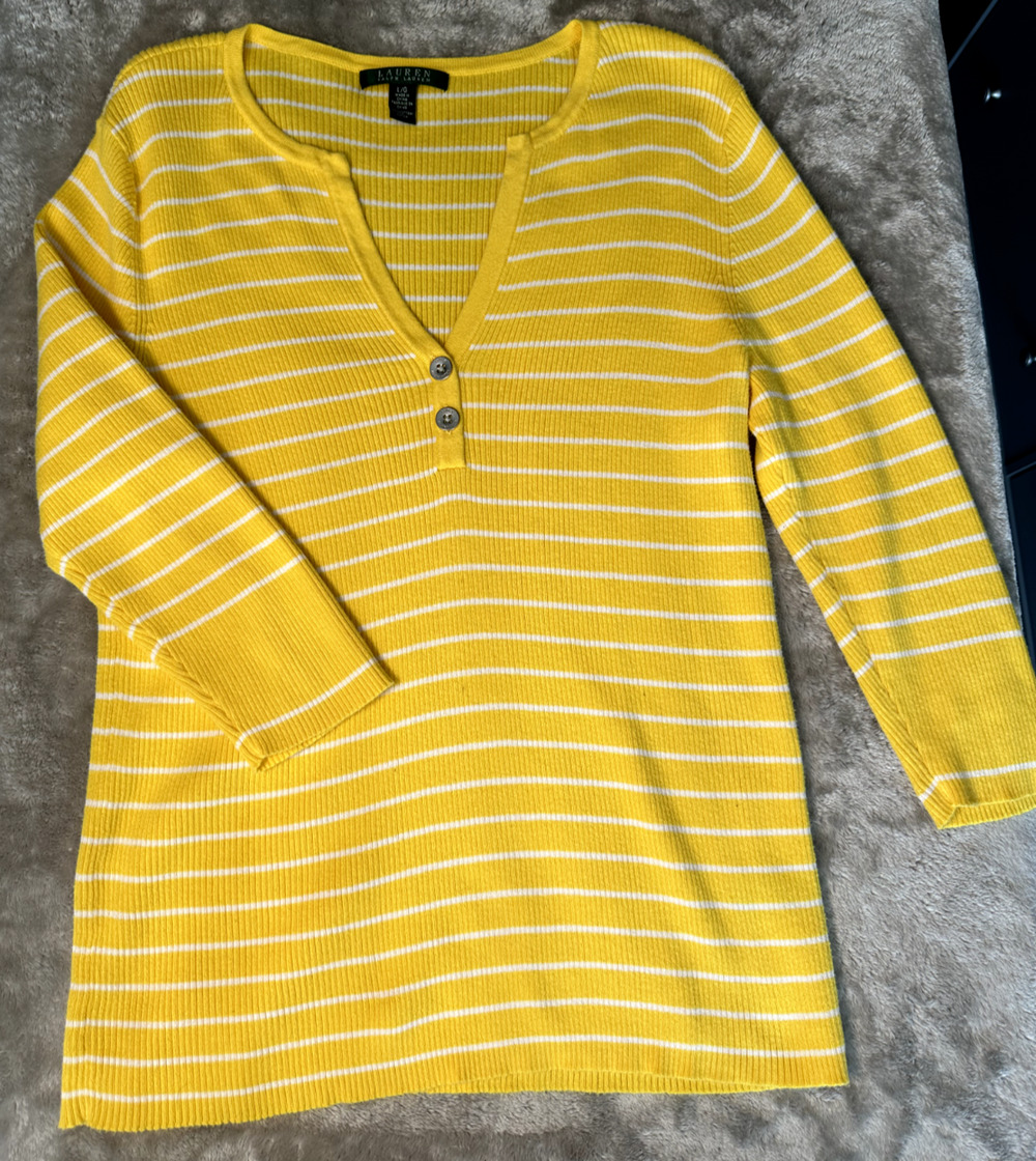 Lauren Ralph Lauren Yellow White Stripe V-Neck Henley Knit Womens Size L